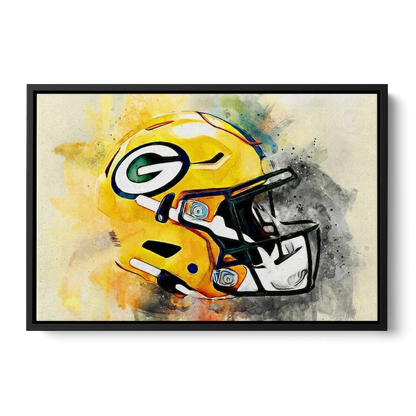 Green Bay Packers Yellow Helmet Expressive Watercolor Front - Black Canvas Wall Art
