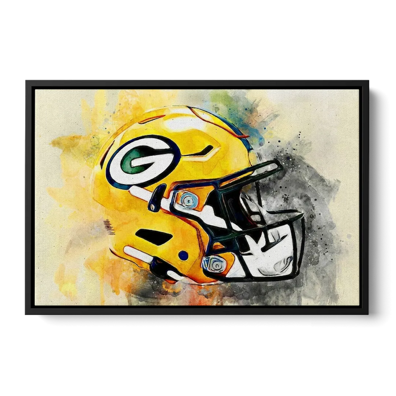 Green Bay Packers Yellow Helmet Expressive Watercolor Front - Black Canvas Wall Art
