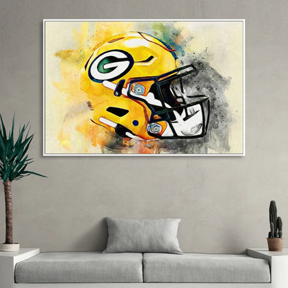 Green Bay Packers Yellow Helmet Expressive Watercolor Sitting Room - White Canvas Wall Art