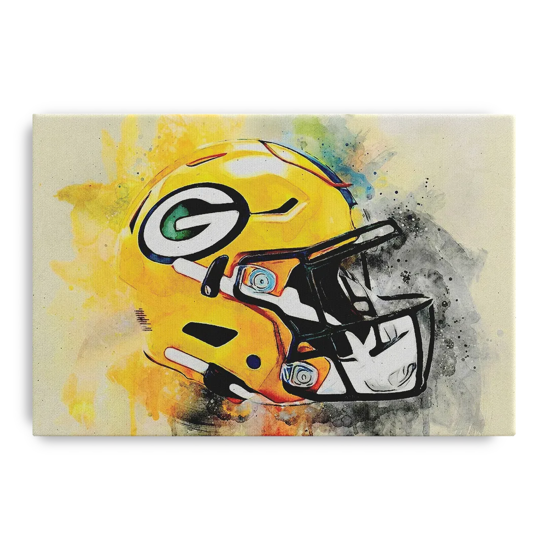 Green Bay Packers Yellow Helmet Expressive Watercolor Front - Canvas Wall Art
