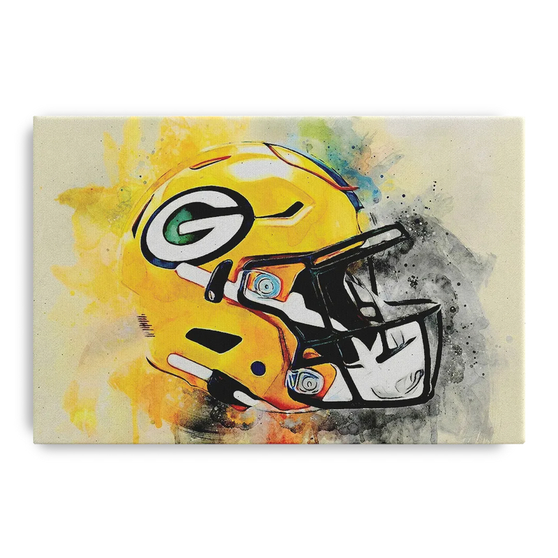 Green Bay Packers Yellow Helmet Expressive Watercolor Front - Canvas Wall Art