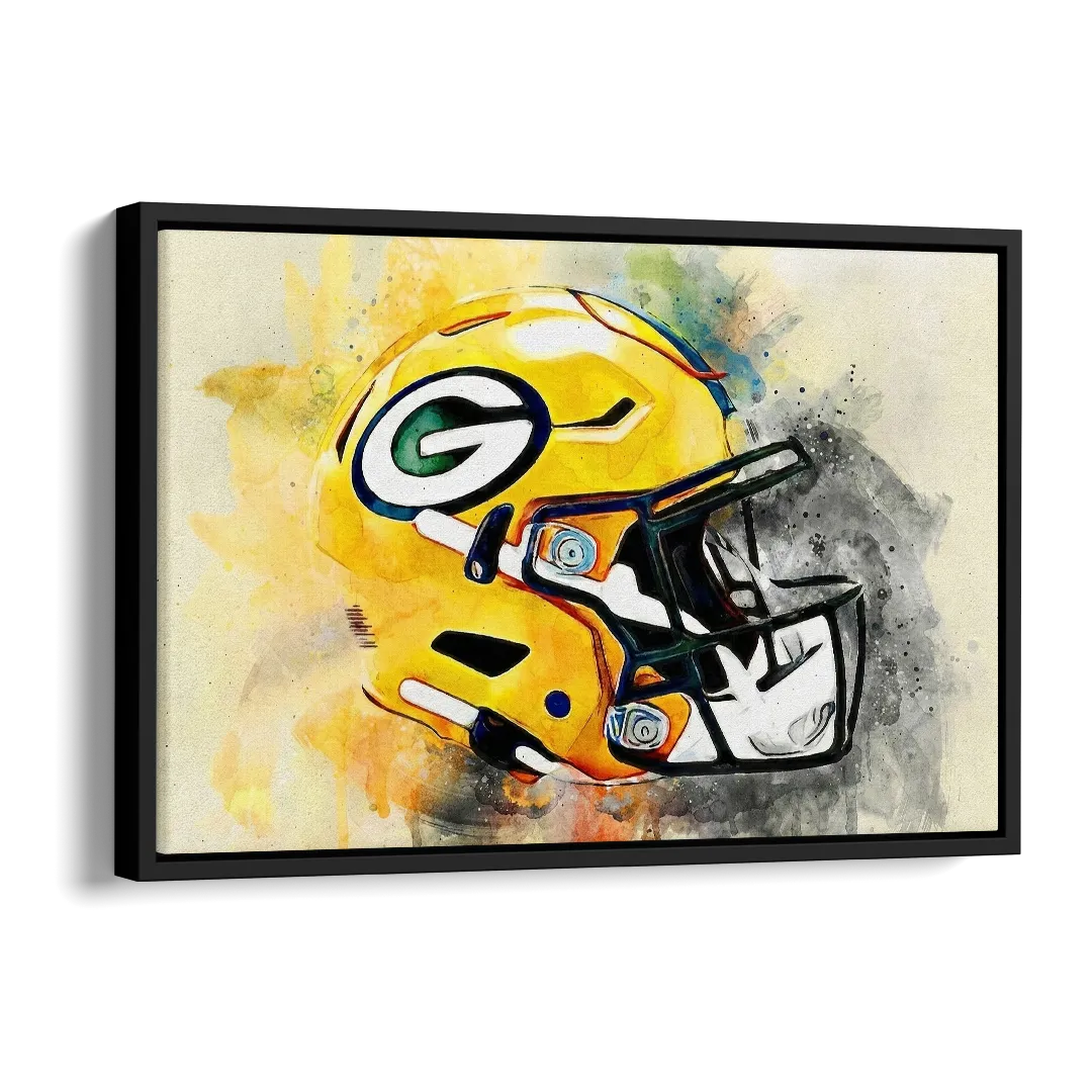 Green Bay Packers Yellow Helmet Expressive Watercolor Side - Black Canvas Wall Art