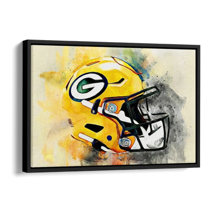Green Bay Packers Yellow Helmet Expressive Watercolor Side - Black Canvas Wall Art