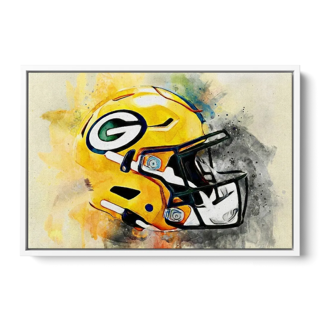 Green Bay Packers Yellow Helmet Expressive Watercolor Front - White Canvas Wall Art