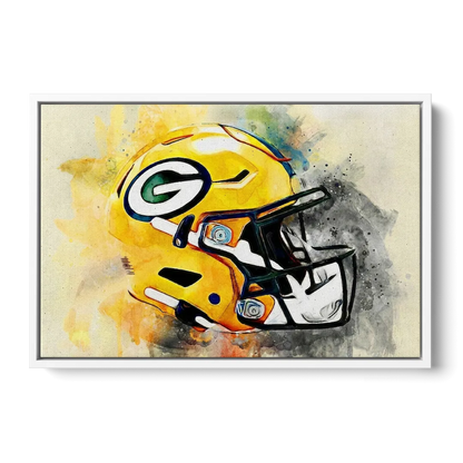 Green Bay Packers Yellow Helmet Expressive Watercolor Front - White Canvas Wall Art