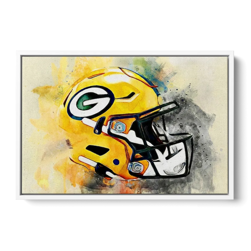 Green Bay Packers Yellow Helmet Expressive Watercolor Front - White Canvas Wall Art