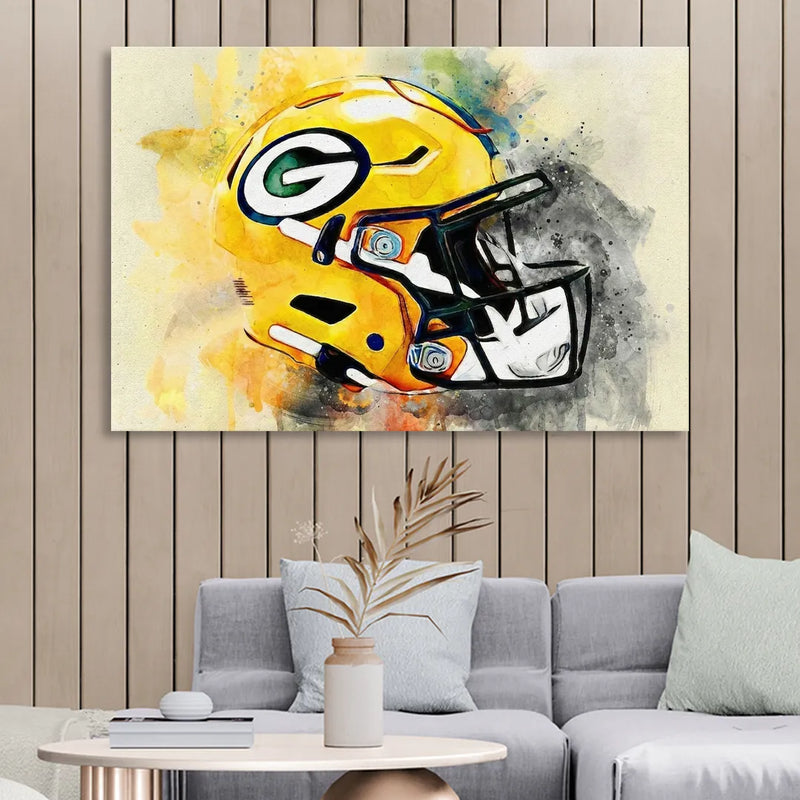 Green Bay Packers Yellow Helmet Expressive Watercolor Living Room - Canvas Wall Art