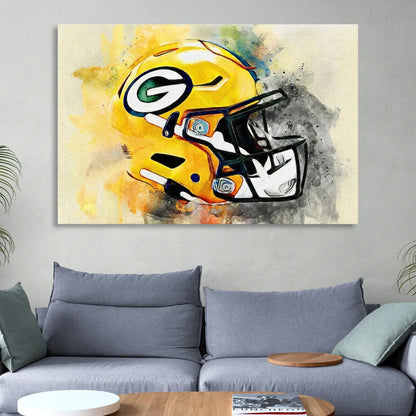 Green Bay Packers Yellow Helmet Expressive Watercolor Sitting Room - Canvas Wall Art