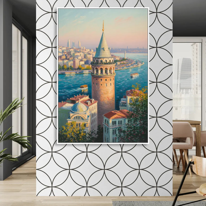Galata Tower View Living Room - White Canvas Wall Art