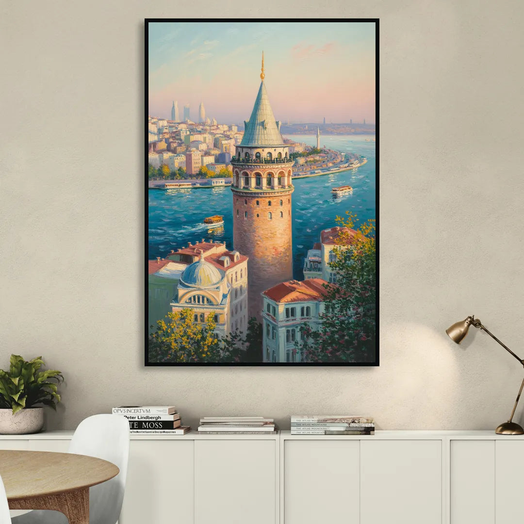 Galata Tower View Sitting Room - Black Canvas Wall Art