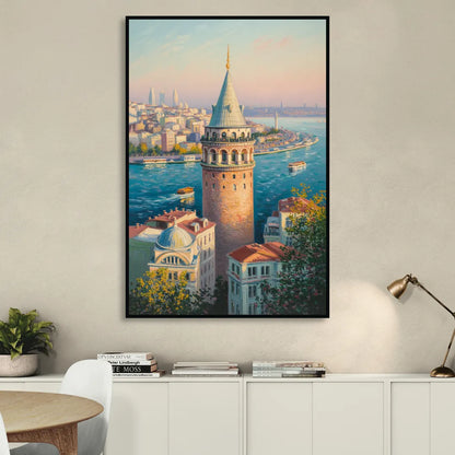 Galata Tower View Sitting Room - Black Canvas Wall Art