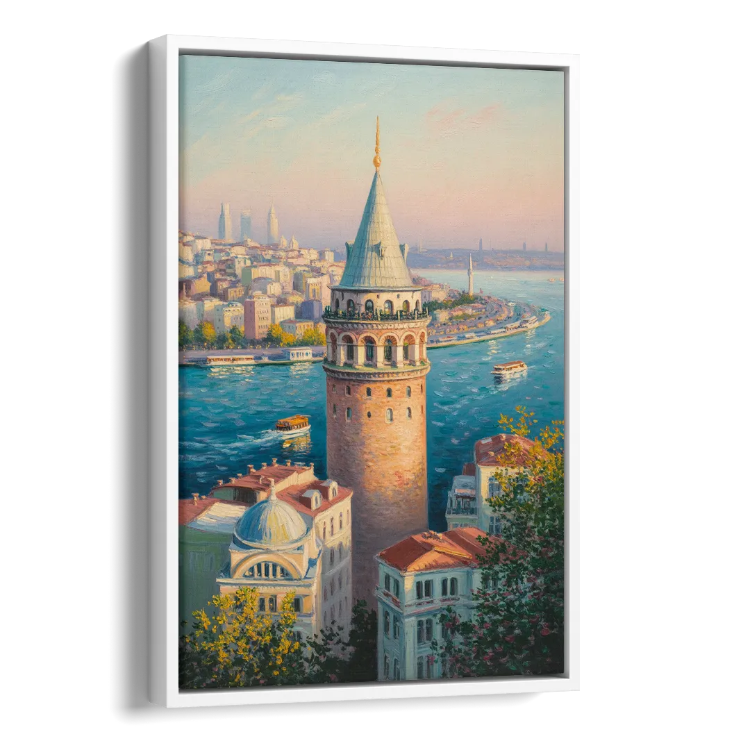 Galata Tower View Side - White Canvas Wall Art