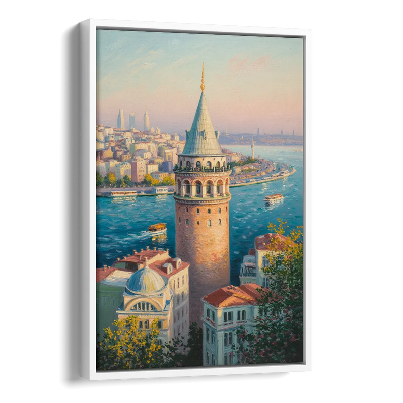 Galata Tower View Side - White Canvas Wall Art