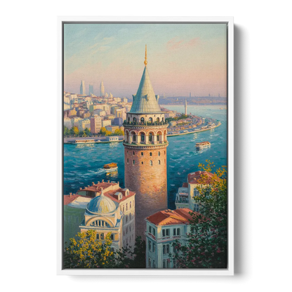 Galata Tower View Front - White Canvas Wall Art