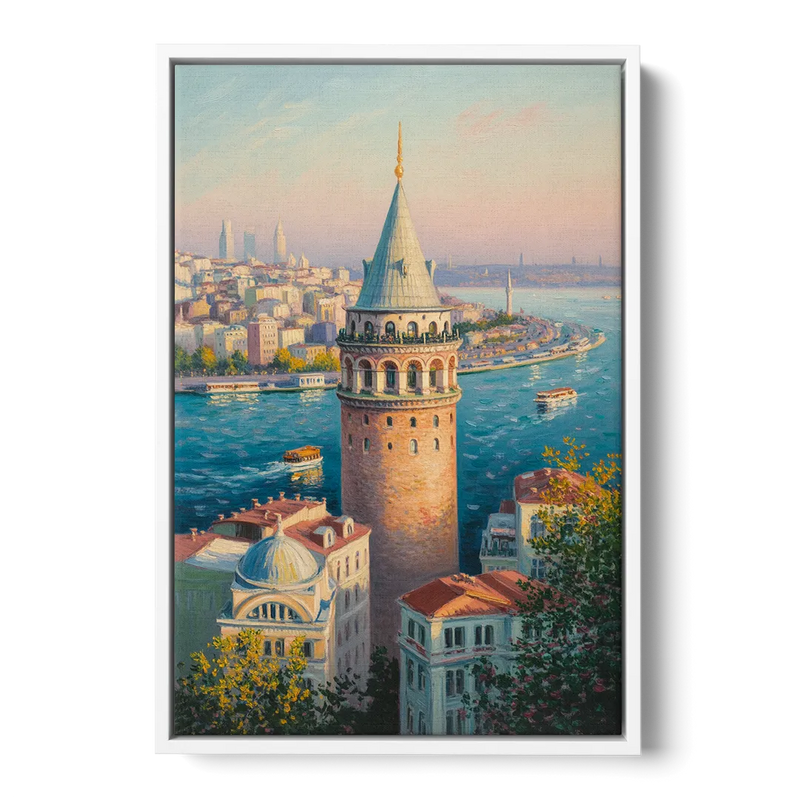 Galata Tower View Front - White Canvas Wall Art