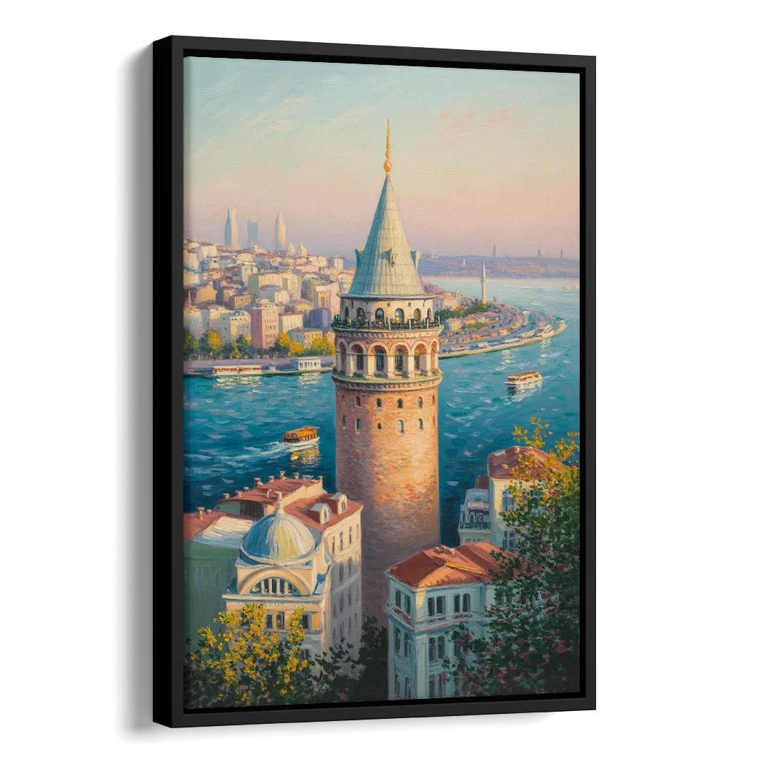 Galata Tower View Side - Black Canvas Wall Art
