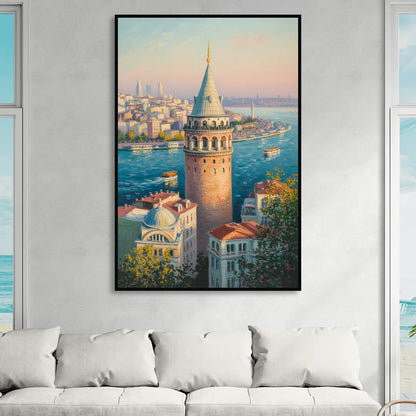 Galata Tower View Living Room - Black Canvas Wall Art