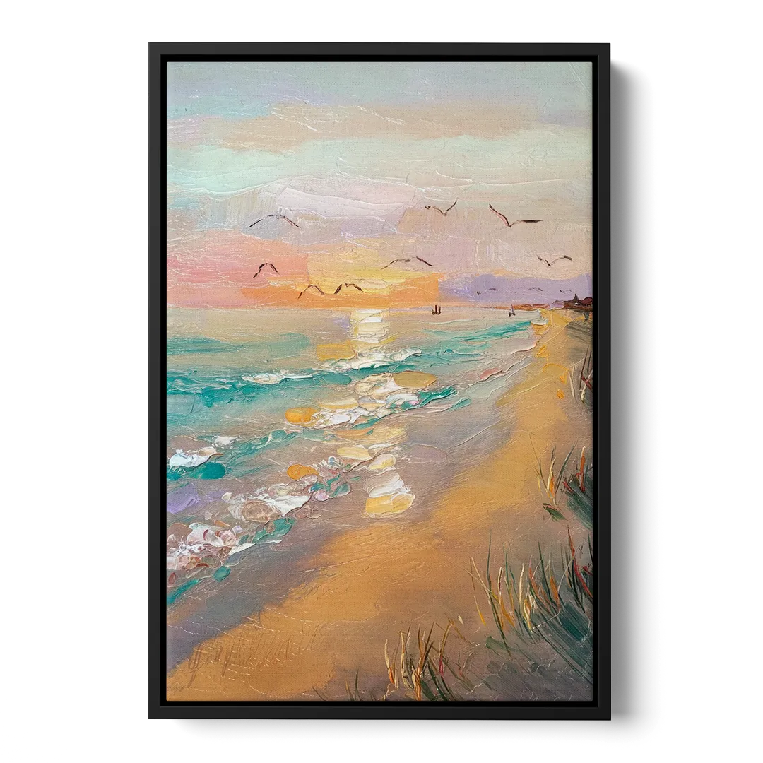 Galveston Beach Sunrise Front - Black Canvas Wall Art