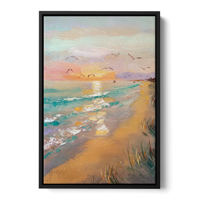 Galveston Beach Sunrise Front - Black Canvas Wall Art
