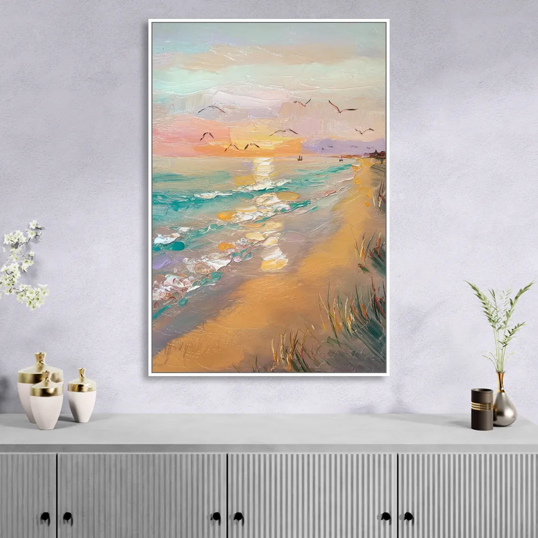 Galveston Beach Sunrise Living Room - White Canvas Wall Art