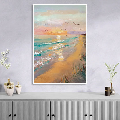 Galveston Beach Sunrise Living Room - White Canvas Wall Art