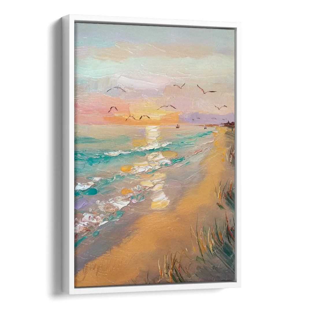 Galveston Beach Sunrise Side - White Canvas Wall Art