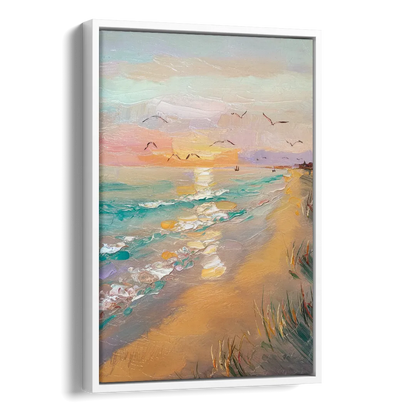 Galveston Beach Sunrise Side - White Canvas Wall Art