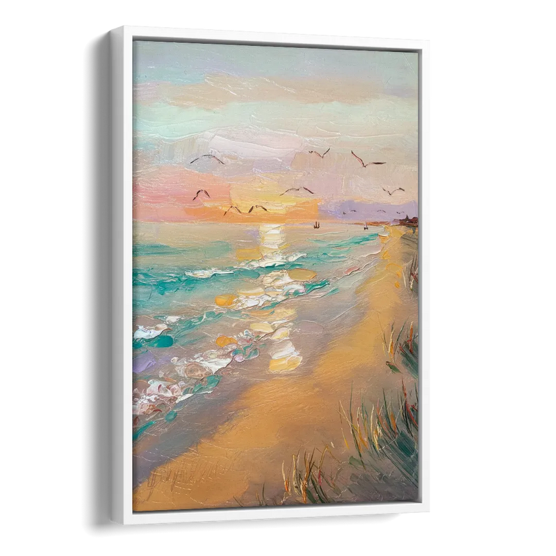 Galveston Beach Sunrise Side - White Canvas Wall Art