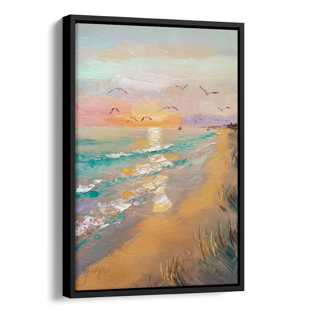 Galveston Beach Sunrise Side - Black Canvas Wall Art