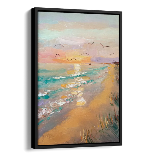 Galveston Beach Sunrise Side - Black Canvas Wall Art