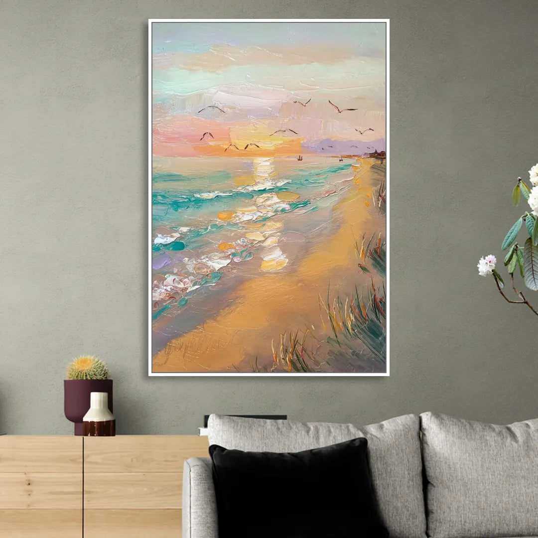 Galveston Beach Sunrise Sitting Room - White Canvas Wall Art