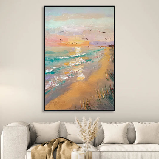Galveston Beach Sunrise Living Room - Black Canvas Wall Art