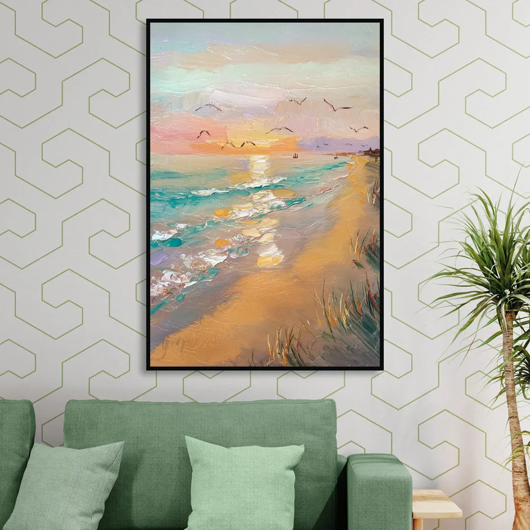 Galveston Beach Sunrise Sitting Room - Black Canvas Wall Art