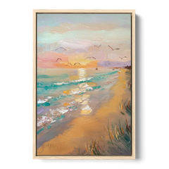 Galveston Beach Sunrise - Oak Framed Canvas Wall Art - Front