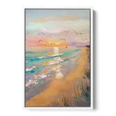 Galveston Beach Sunrise - White Framed Canvas Wall Art - Front