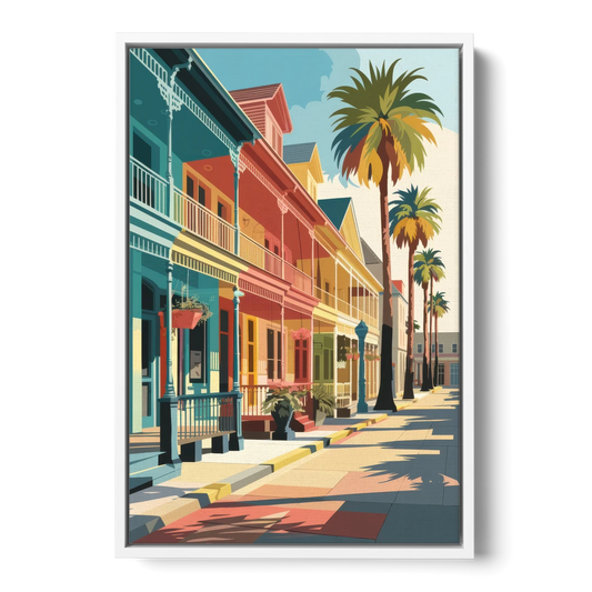 Galveston Downtown Charm - White Framed Canvas Wall Art - Front