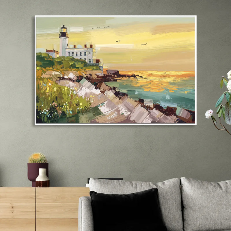 Galveston Lighthouse View Sitting Room - White Canvas Wall Art