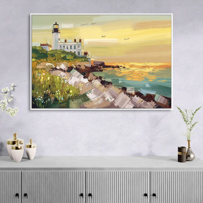 Galveston Lighthouse View Living Room - White Canvas Wall Art