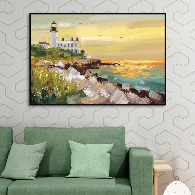Galveston Lighthouse View Sitting Room - Black Canvas Wall Art