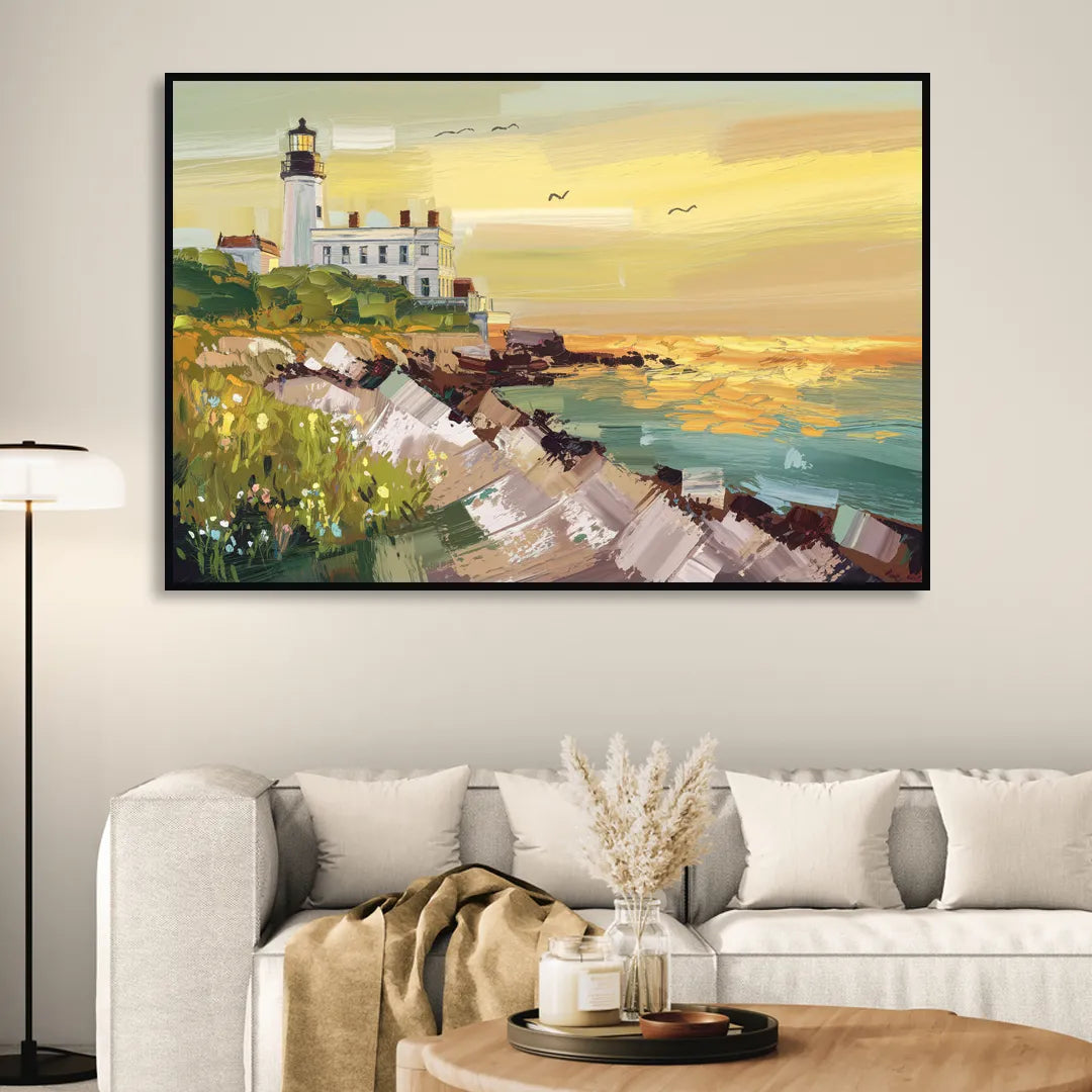 Galveston Lighthouse View Living Room - Black Canvas Wall Art