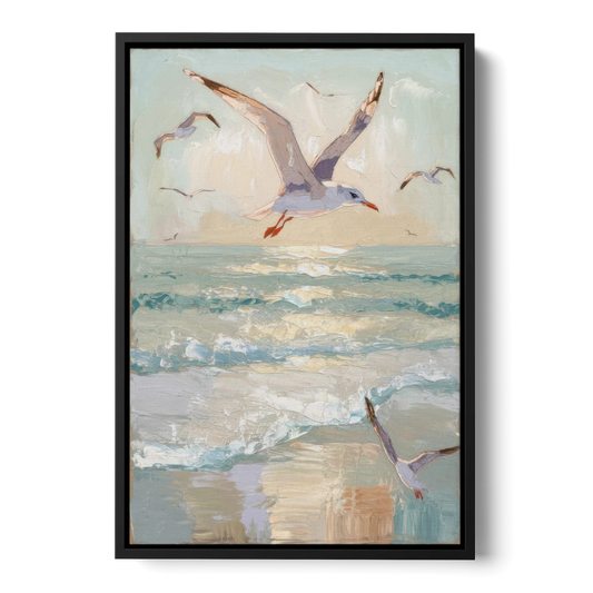 Galveston Seagulls in Flight - Black Framed Canvas Wall Art - Front
