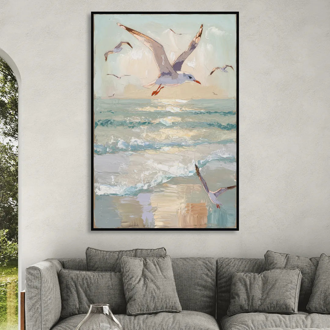 Galveston Seagulls in Flight Living Room - Black Canvas Wall Art