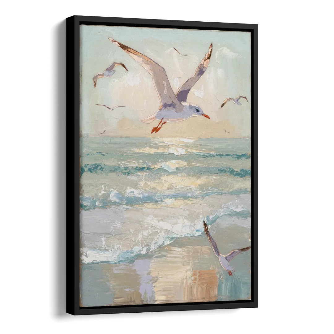 Galveston Seagulls in Flight Side - Black Canvas Wall Art