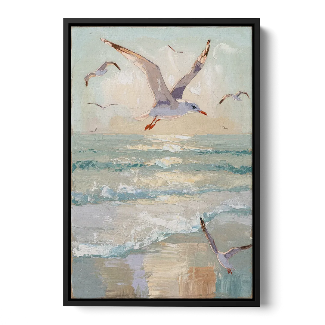 Galveston Seagulls in Flight Front - Black Canvas Wall Art