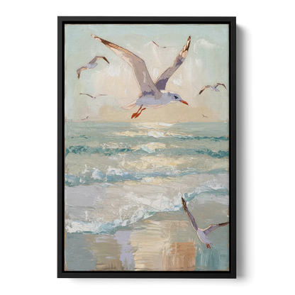 Galveston Seagulls in Flight Front - Black Canvas Wall Art