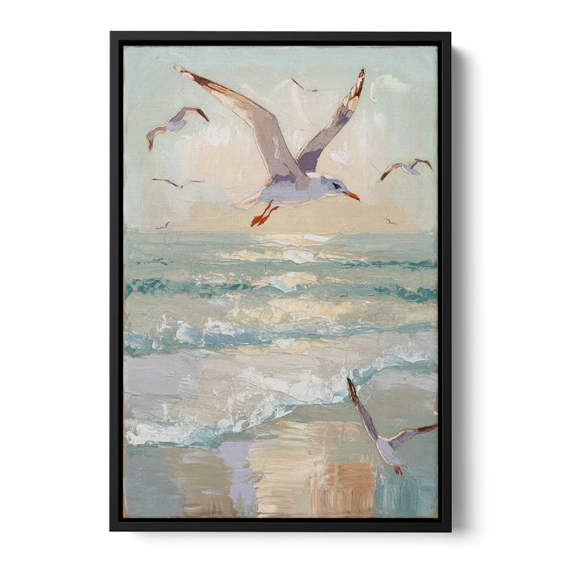 Galveston Seagulls in Flight Front - Black Canvas Wall Art