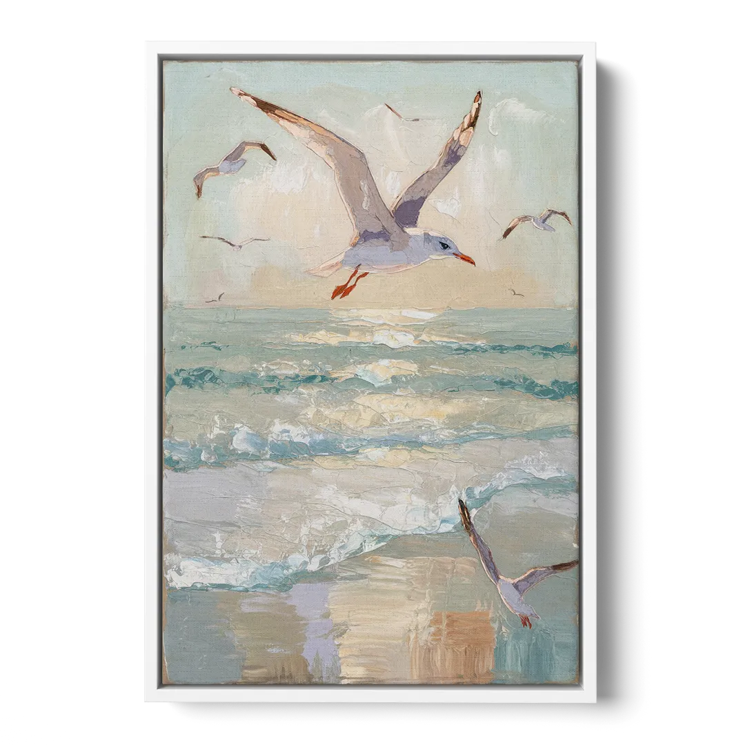 Galveston Seagulls in Flight Front - White Canvas Wall Art