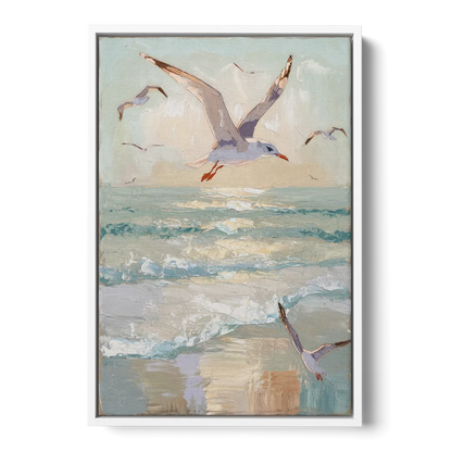Galveston Seagulls in Flight Front - White Canvas Wall Art