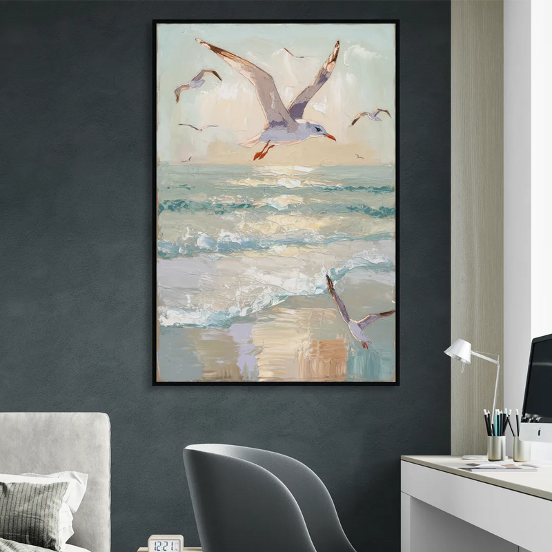 Galveston Seagulls in Flight Sitting Room - Black Canvas Wall Art