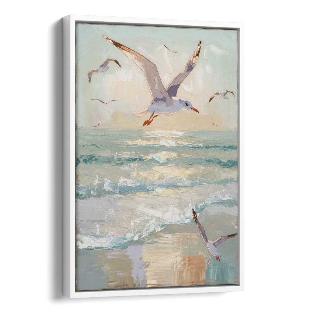 Galveston Seagulls in Flight Side - White Canvas Wall Art